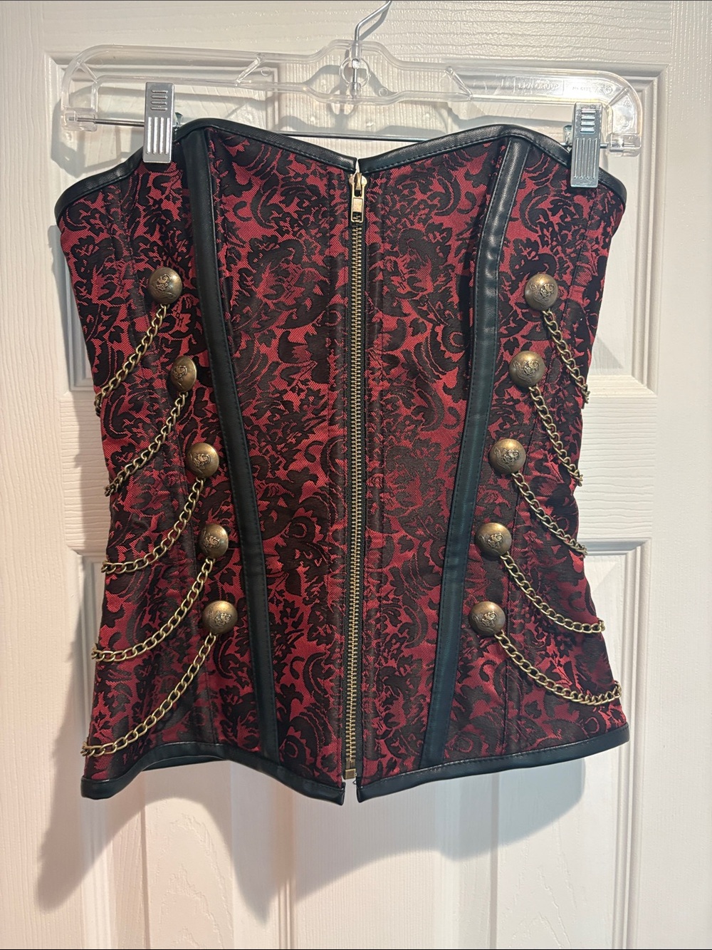 Red and Black Brocade Corset with Brass Chain Detail - Size S
